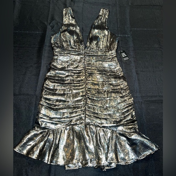 Metallic Silk V-Neck Ruched Ruffle Mini Dress - Picture 6 of 14